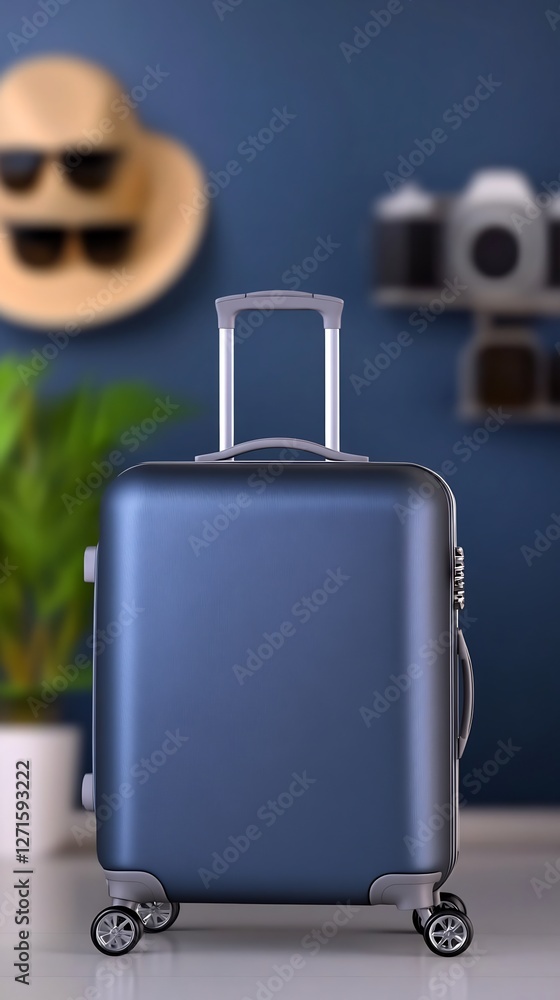 Sleek blue suitcase awaits adventure soft light background. AI Generated Sleek blue suitcase awaits adventure soft light background. AI Generated