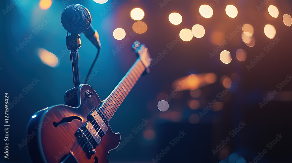 Obraz premium A microphone and guitar await on stage, capturing the essence of anticipation and artistic expression. 