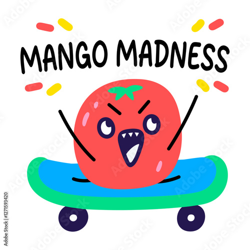 A cartoon style sticker of skating fruit with mango madness typography