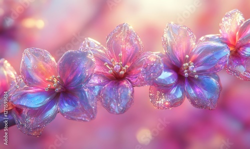 Vibrant, iridescent cherry blossoms glistening in soft sunlight against a dreamy background