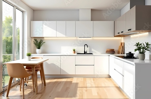 Kitchen decor with indoor plants. Bright, white kitchen with wood accents and natural light.