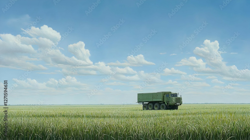 Military Truck in a Wheat Field under a Blue Sky Military Truck in a Wheat Field under a Blue Sky