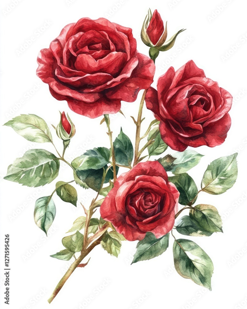 Fototapeta premium Exquisite Watercolor Botanical Illustration Featuring a Collection of Red Burgundy Roses, Lush Leaves, and Graceful Branches for Elegant Floral Designs
