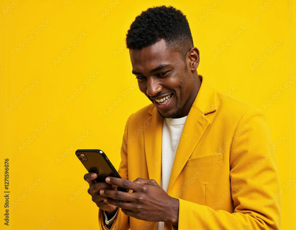 Excited Black man looking at smartphone with wow reaction isolated on yellow. Happy African young gen z guy holding cellphone reading message on cell phone. Amazed user winner using mobile phone Excited Black man looking at smartphone with wow reaction isolated on yellow. Happy African young gen z guy holding cellphone reading message on cell phone. Amazed user winner using mobile phone