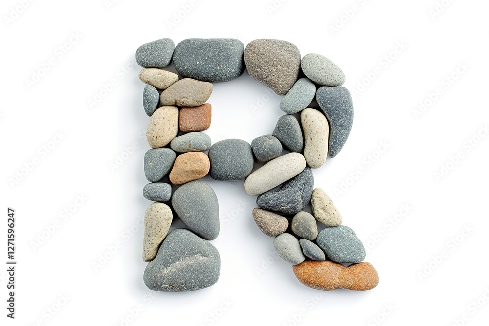 Pebble Letter R: Rustic Charm, Natural Alphabet, Stone Letter, White Background, Creative Typography, Eco-Friendly Font, Handcrafted Design, Nature Inspired, Rock Letter R, Alphabet Design, Organic   