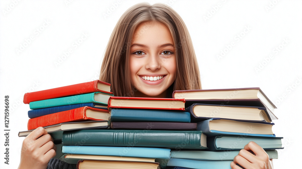 Portrait of a smiling young female student holding books, isolated on white background Portrait of a smiling young female student holding books, isolated on white background