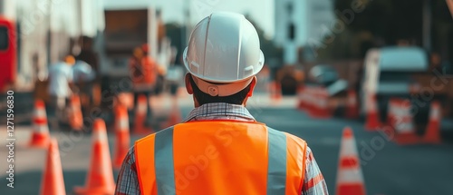 Construction worker observing site safety with traffic cones, wearing hard hat and reflective vest on busy urban street during daylight.