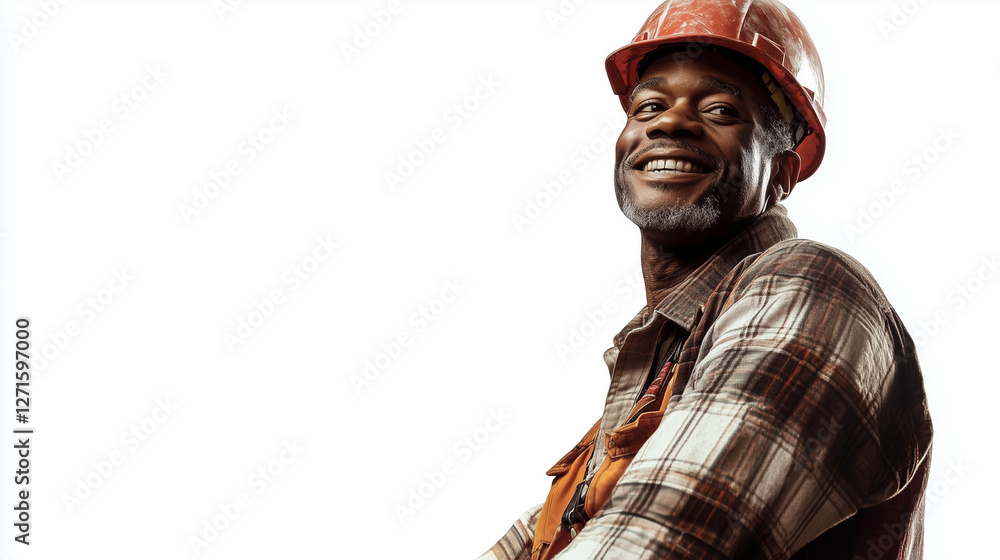 Smiling construction worker wearing helmet, isolated on white background Smiling construction worker wearing helmet, isolated on white background
