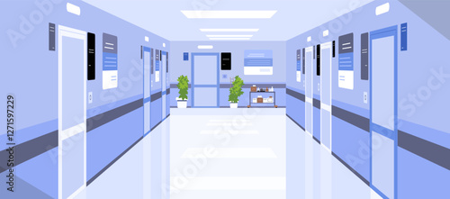 Empty clean corridor in modern hospital perspective view. Medical hall interior flat vector illustration