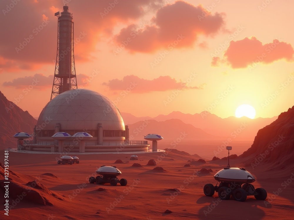 Obraz premium Scientific research base on Mars shows futuristic technology and exploration vehicles during a vibrant sunset with distant mountains