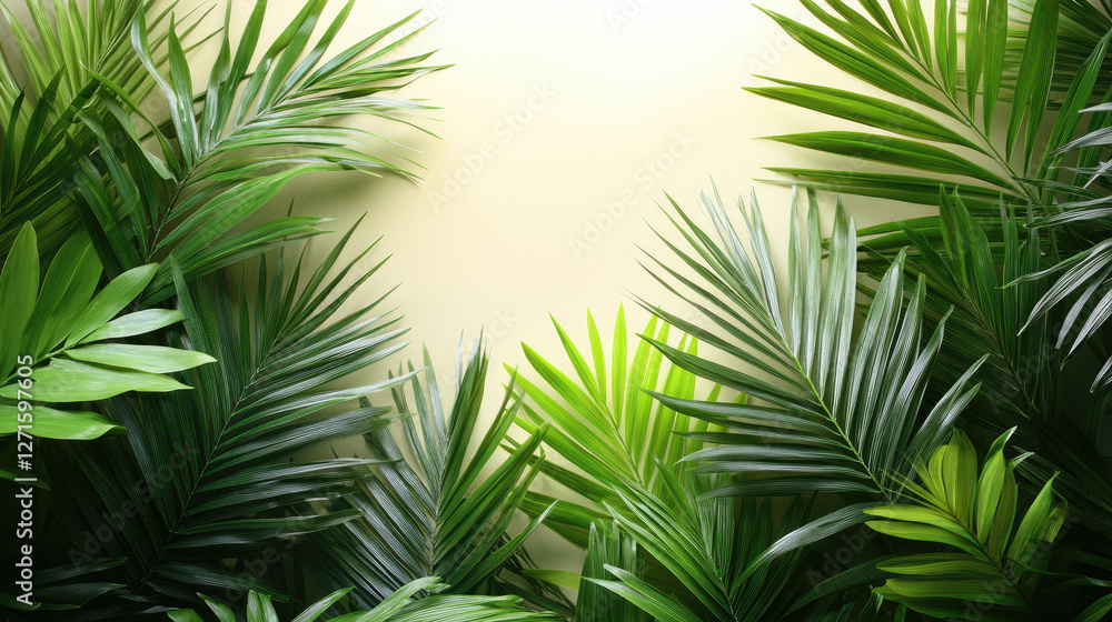 Obraz premium A vibrant Palm Sunday greeting banner template featuring lush tropical leaves and warm sunlight filtering through. Perfect for Christian holiday . Banner. Copy space