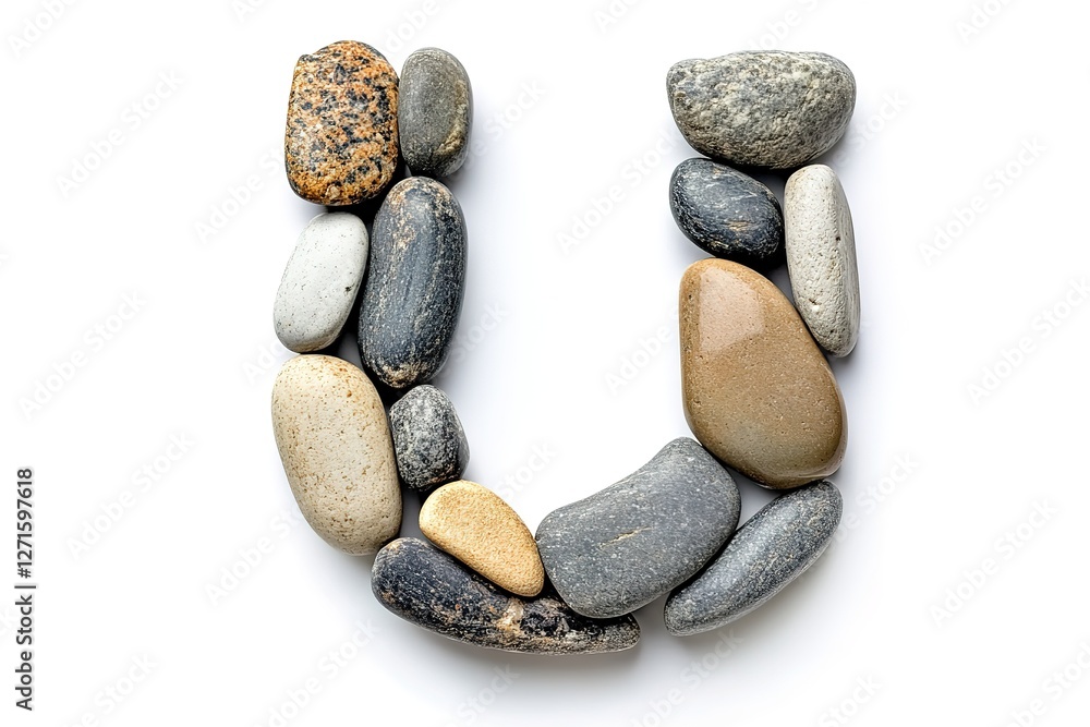 Pebble Letter U: Natural Stone Alphabet, Creative Font, Eco-Friendly Typography, Unique Design Element, Rustic Charm, White Background, Handcrafted Letter U, Smooth Stones, Alphabet Design, Nature Pebble Letter U: Natural Stone Alphabet, Creative Font, Eco-Friendly Typography, Unique Design Element, Rustic Charm, White Background, Handcrafted Letter U, Smooth Stones, Alphabet Design, Nature