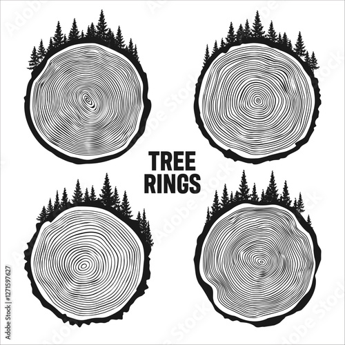 Round tree trunk cuts with trees and forest. Sawn pine or oak slices, lumber. Saw cut timber, wood. Brown wooden texture with tree rings. Hand drawn sketch. Vector illustration