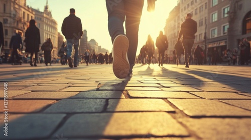 Urban pedestrian activity, sunset, city street. Possible use stock photo for business, travel, and lifestyle images photo