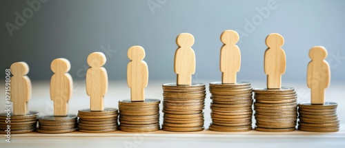 Wooden figures on stacked coins symbolizing socioeconomic inequality and wealth disparity