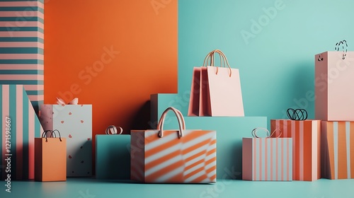 A dynamic composition featuring gentle shadows and a simple background featuring a shopping bag and a variety of product package boxes in three dimensions 