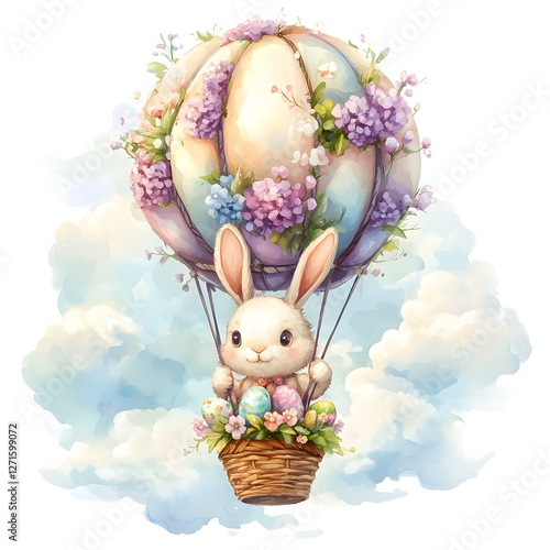 Whimsical Watercolor of a Bunny Floating in a Floral Basket Balloon
