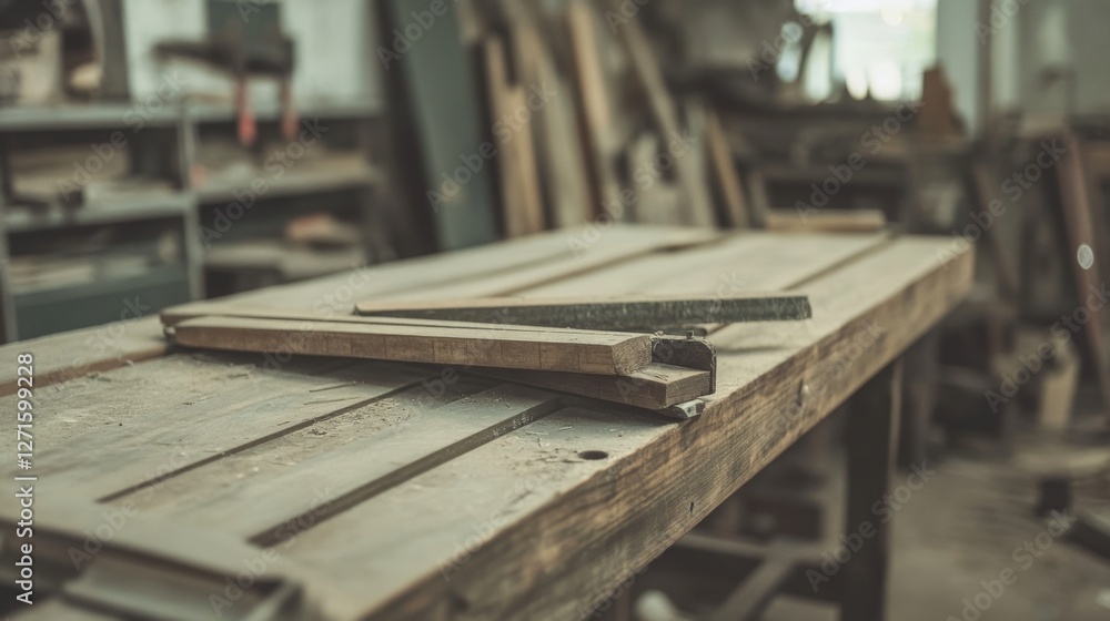 Obraz premium Wooden workbench with tools and materials in a workshop