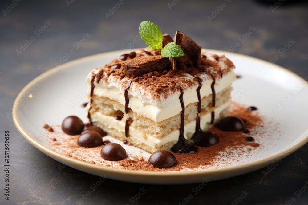 A close-up of a tiramisu cake slice, highlighting its layered composition and coffee bean garnish, set against a white dish A close-up of a tiramisu cake slice, highlighting its layered composition and coffee bean garnish, set against a white dish