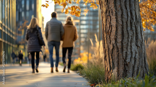 Casual friends walking in a modern urban park setting photo