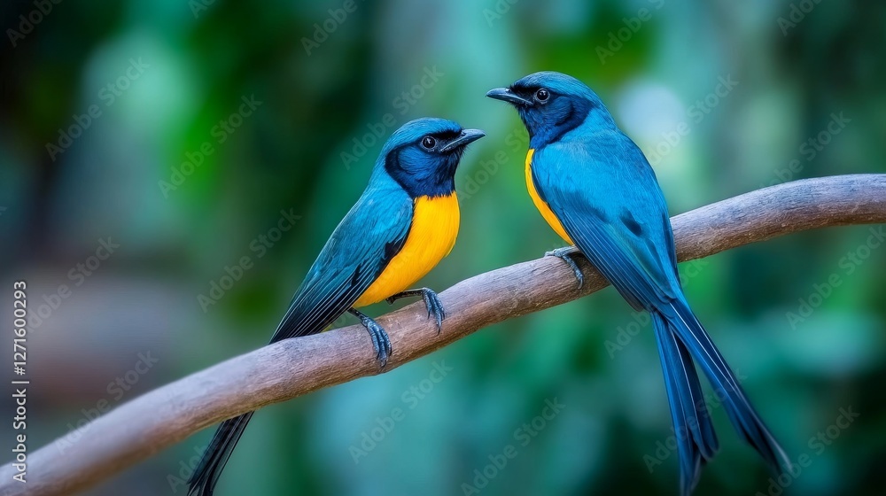 Two vibrant bird perched on a branch amidst a lush green background, engaging in conversation Two vibrant bird perched on a branch amidst a lush green background, engaging in conversation