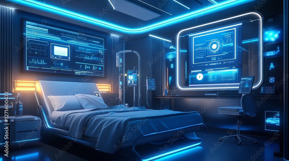 Obraz premium Futuristic Hospital Room: A Modern, High-Tech Hospital Room with Advanced Medical Equipment, Neon Lighting, and a Clean, Sterile Environment, Emphasizing Healthcare Innovation, Technology, and Patient