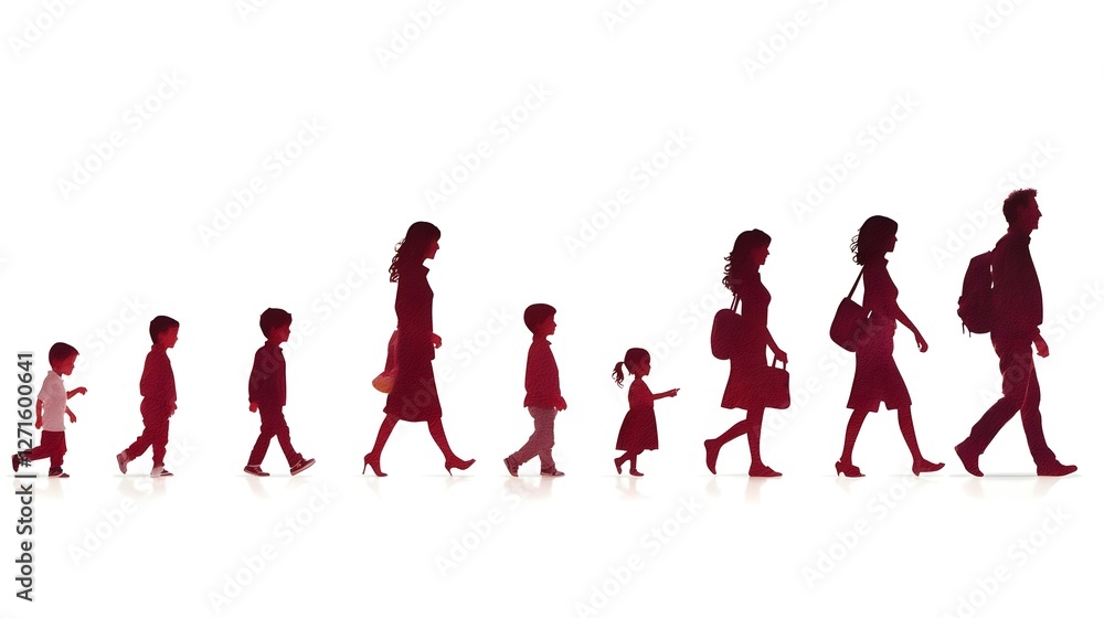 Red Silhouettes of People Walking in a Line on White Background Red Silhouettes of People Walking in a Line on White Background