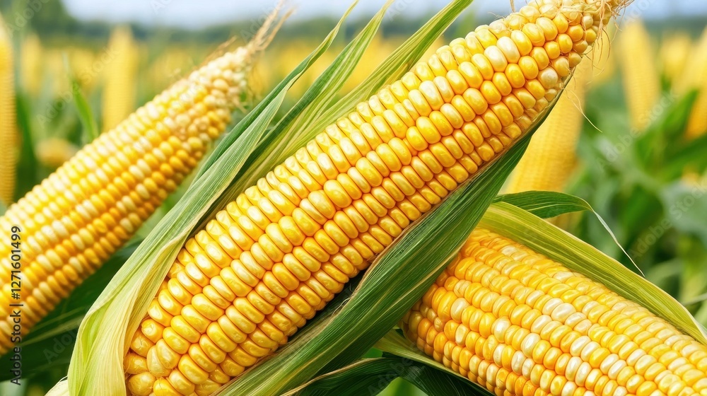 Vibrant close-up of ripe corn on the cob with green husks in a golden cornfield during sunny day Vibrant close-up of ripe corn on the cob with green husks in a golden cornfield during sunny day
