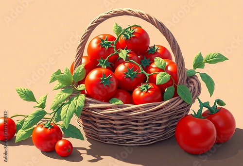 Harvest of ripe, red tomatoes in a wicker basket	