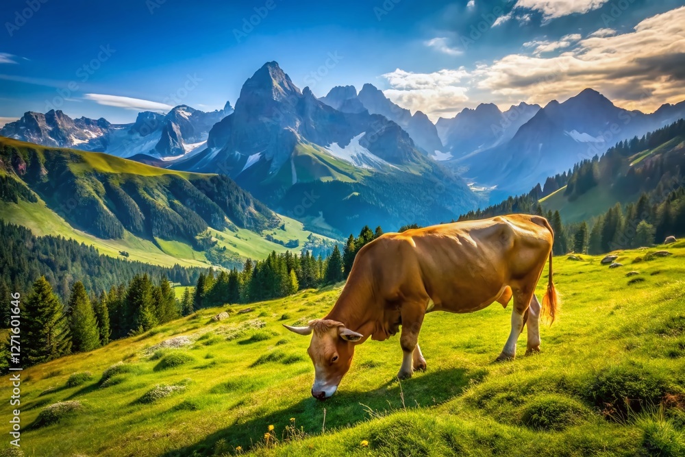 Obraz premium Alpine Brown Cow Grazing: Majestic Drone Shot of Swiss Alps Pasture