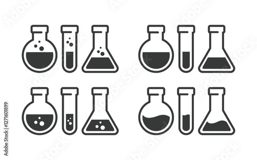 Set of Chemical test tube. Glass tube. Flask template. Glass container. Flask of poison. Jar icon. Medicine vial. Logo template. Laboratory tube. Flask icon. Chemical bottle.
