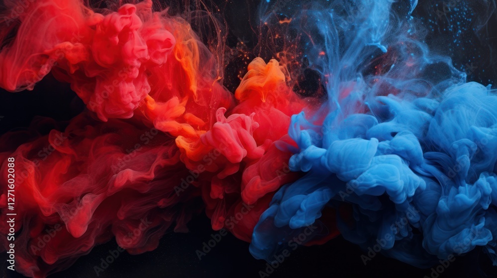 Obraz premium Bold and vivid acrylic blue and red pigments diffusing in water, contrasted sharply against a pitch-black background