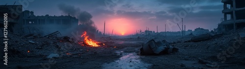 Desolate war-torn landscape at dusk with burning debris and ruined buildings photo