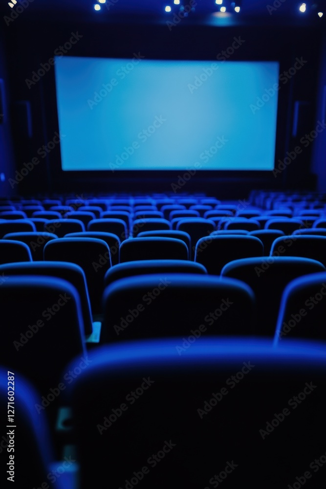 Fototapeta premium Empty cinema seats with blank screen ready for movie experience in modern theater, perfect for film industry, entertainment, and event promotion