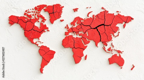 A striking red map of the world with cracked surfaces, symbolizing divisions, change, or geopolitical issues in a visually impactful way.