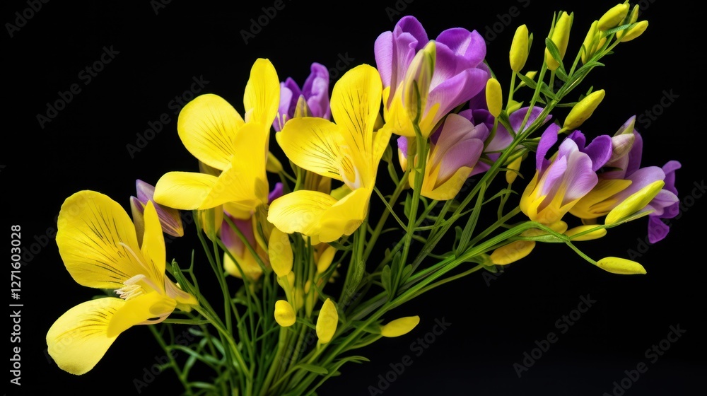 Naklejka premium Close-up of yellow freesia with violet accents and green stems, highlighting the intricate details