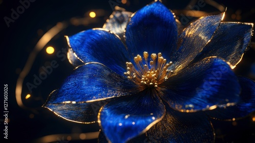 Close-up of a stunning blue flower with gold detailing in dark background.  Possible use for posters, prints or website headers. photo