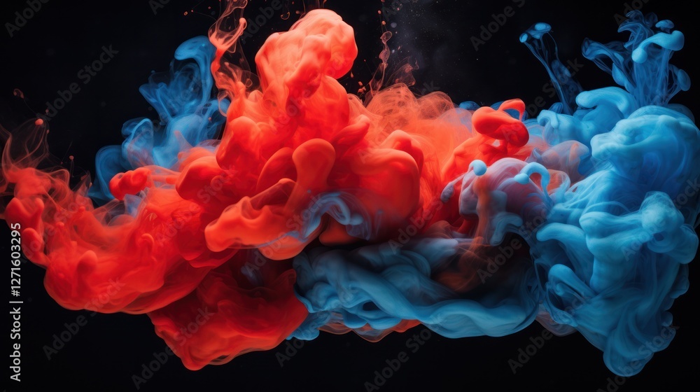 Dramatic ink blot effect of red and blue acrylics in water, forming an abstract, colorful cloud against a dark, black background Dramatic ink blot effect of red and blue acrylics in water, forming an abstract, colorful cloud against a dark, black background