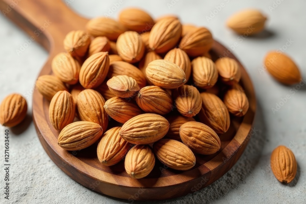 A wooden bowl brimming with a generous serving of roasted almonds, perfect for a healthy snack or culinary addition A wooden bowl brimming with a generous serving of roasted almonds, perfect for a healthy snack or culinary addition