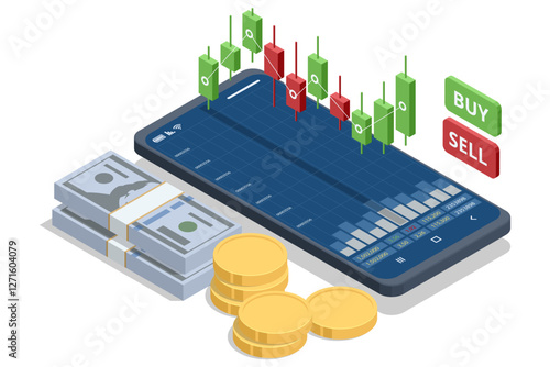 Isometricr illustration of a smartphone displaying stock trading charts with green and red candlesticks, stacks of cash, gold coins, buy sell buttons. Stock trading, cryptocurrency, forex, investment