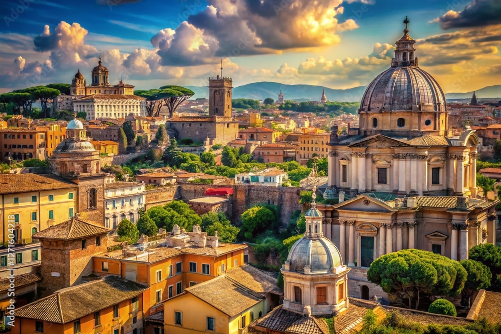 Fototapeta premium Ancient Rome Summer Aerial View: High-Resolution Stock Photo of Imperial Cityscape