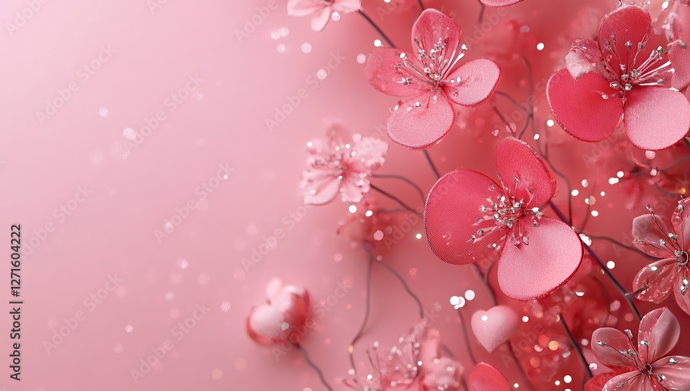 A pink Valentine's Day background with heart-shaped flowers and sparkling lights A pink Valentine's Day background with heart-shaped flowers and sparkling lights