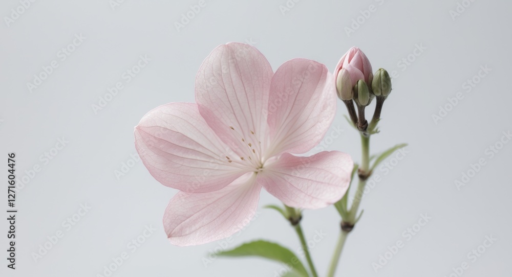 Close up of a pink flower with a few buds still attached