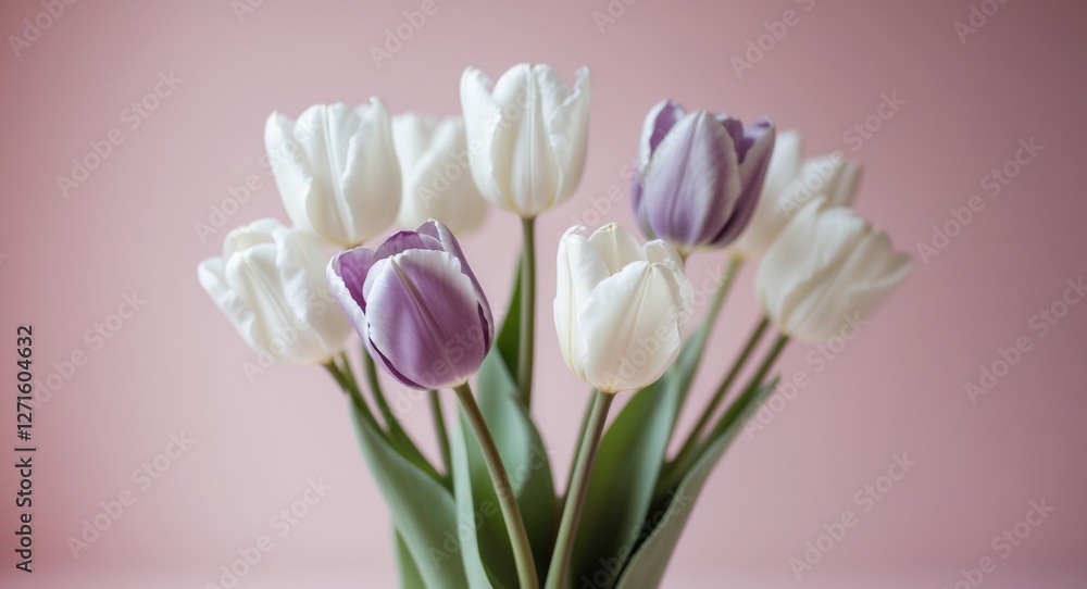 Fototapeta premium white and purple tulips on pink background