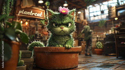 grumpy green cat cactus like features sits in flowerpot irritated its own spines. confused gardener hesitates pet it while curious mouse watches absurdity unfold.