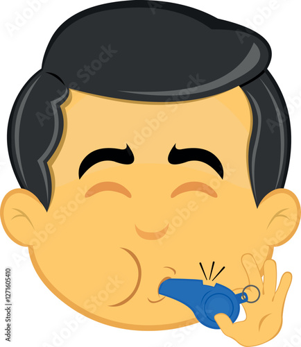 vector illustration yellow emoji character male, with his mouth blowing a whistle
