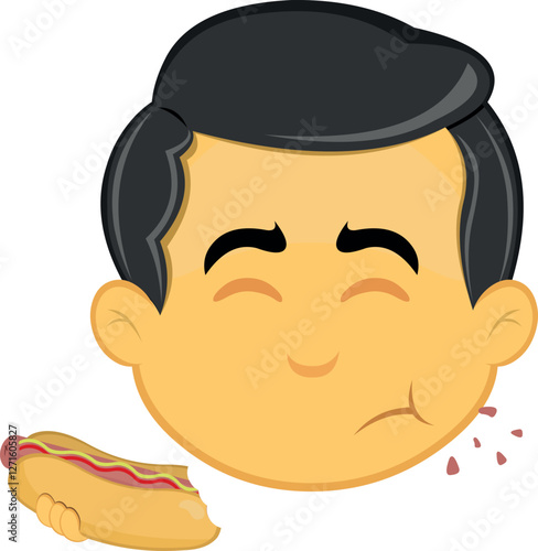 vector illustration yellow emoji character male, eating fast food from a hot dog