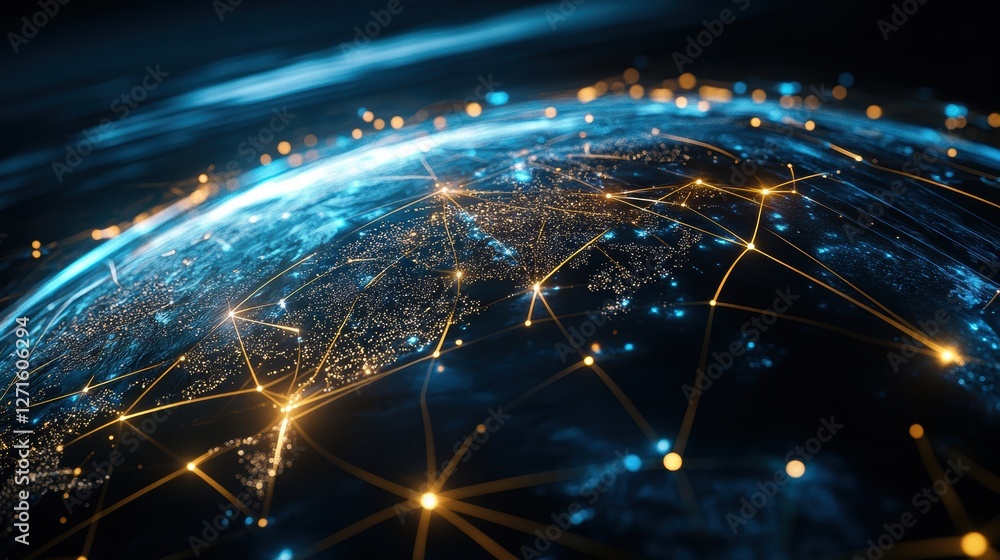 Global Network Connections with Earth and Digital Technology Visualization at Night Global Network Connections with Earth and Digital Technology Visualization at Night