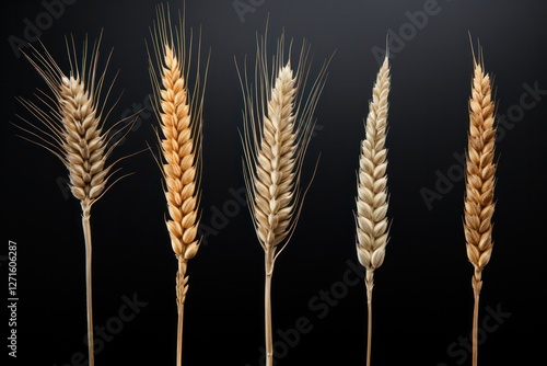 Wheat ears in various stages of growth showcasing the different textures and colors of the stems isolated on black background