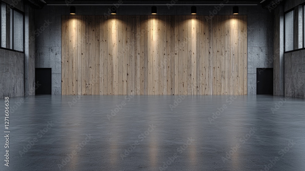 Industrial warehouse interior with wood paneling. Empty space. Potential use for commercial presentation
